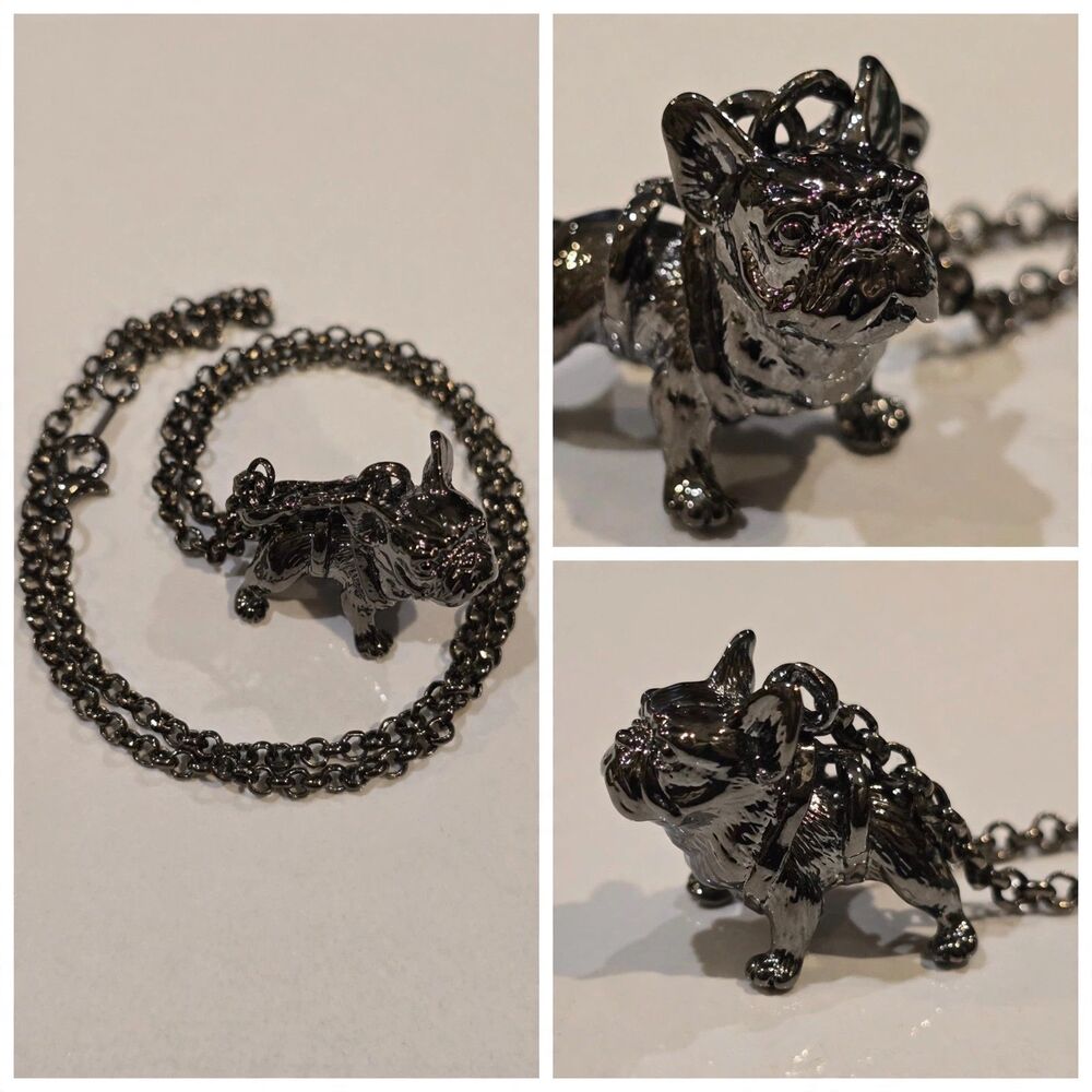 French Bulldog Pendant Necklace 18" Gunmetal Dog Chain Pre-Owned Statement 1422